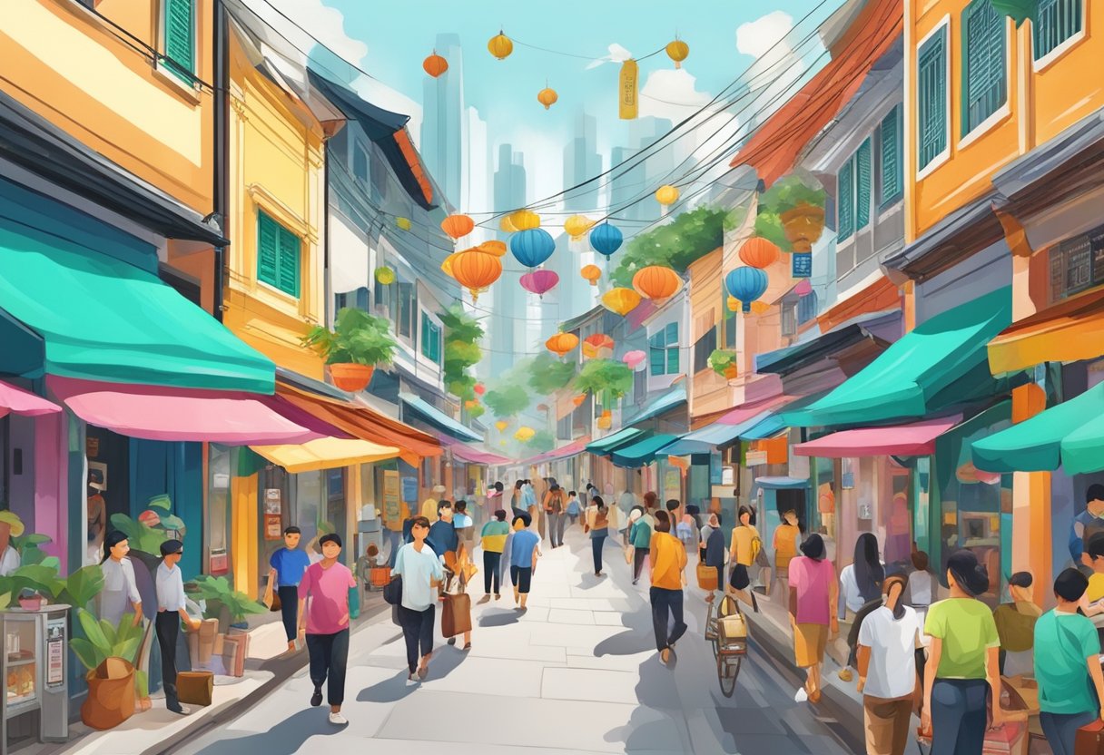 A bustling street in Pu Tien, Singapore with colorful shopfronts and bustling crowds, surrounded by traditional shophouses and vibrant street vendors