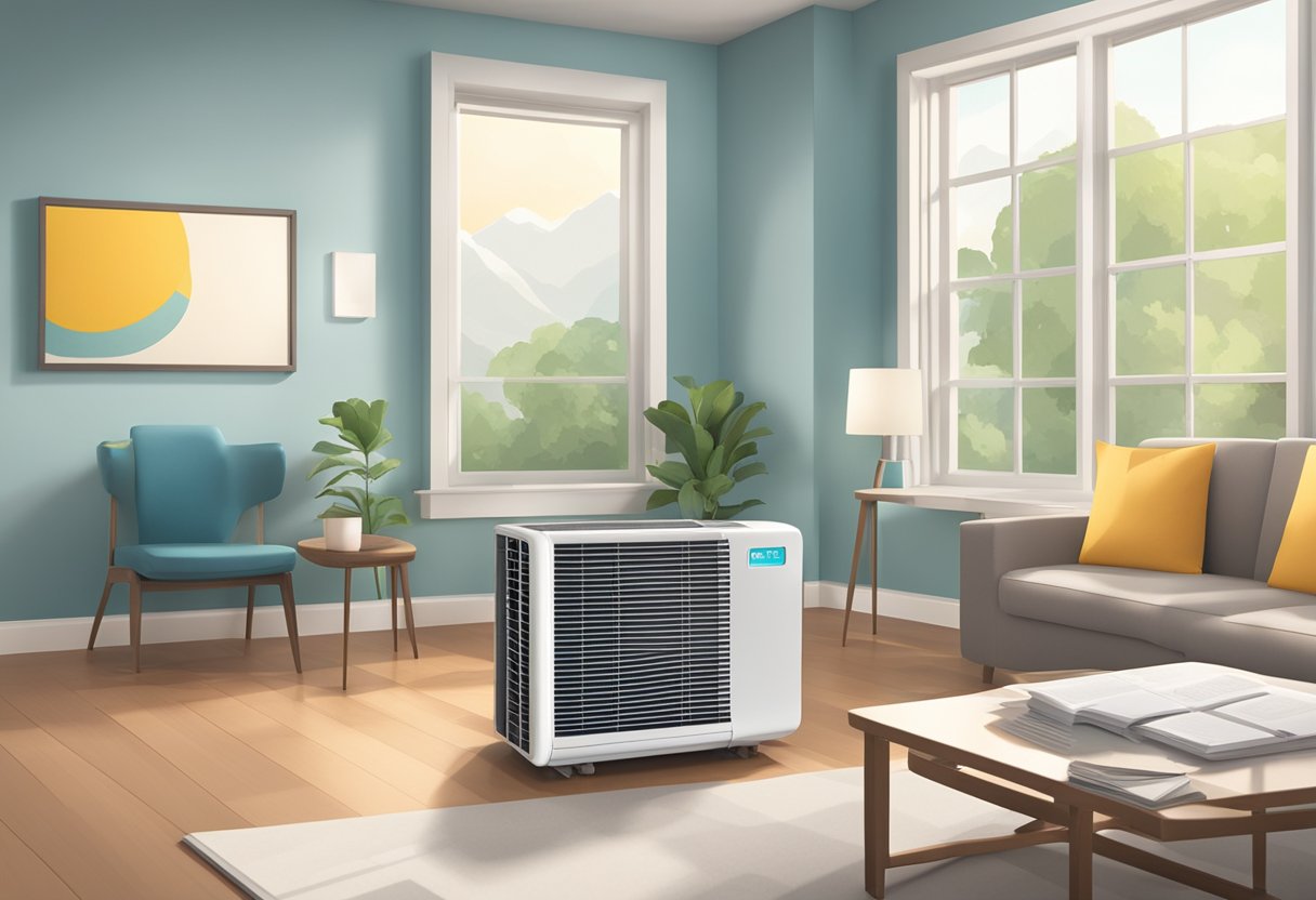 A portable air conditioner sits on a table, next to a stack of brochures labeled "Frequently Asked Questions." The room is well-lit, with a window showing a sunny day outside