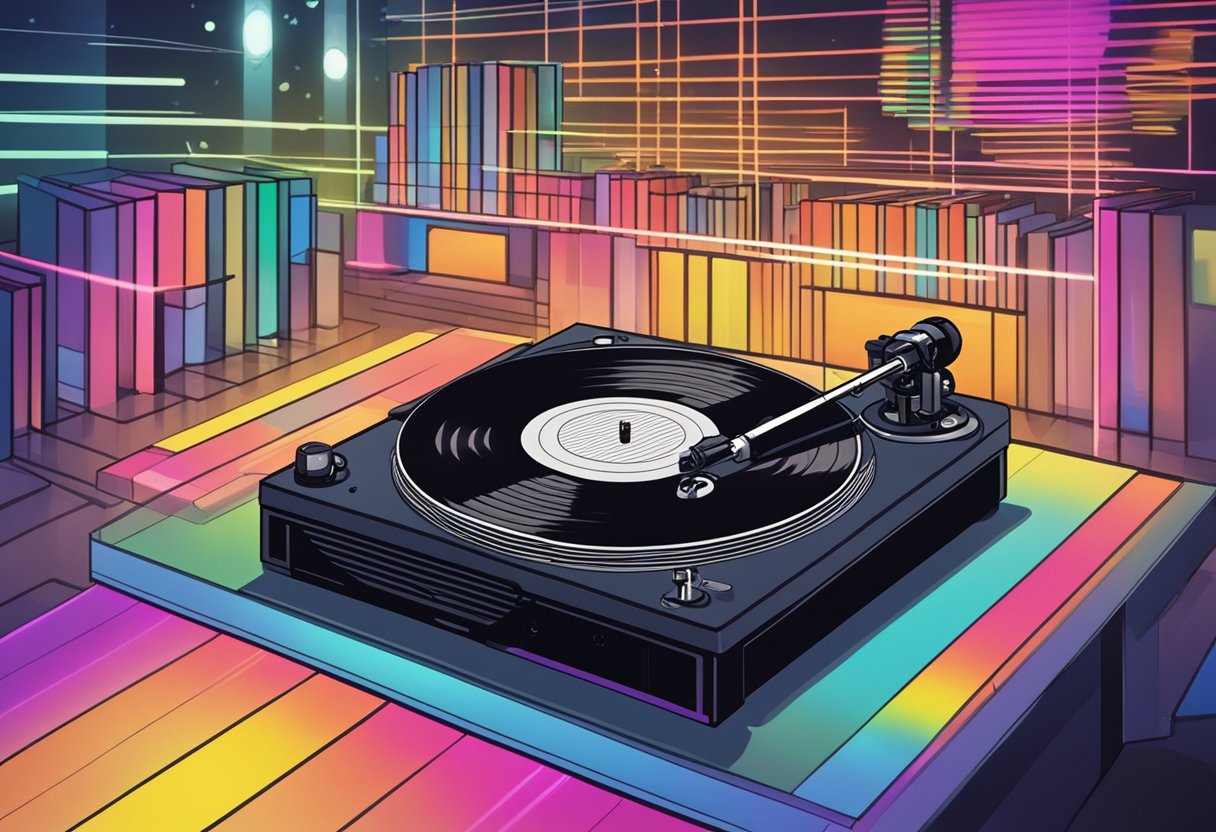 A turntable spins a vinyl record while colorful lights illuminate the room at The Vinyl Experience in Singapore