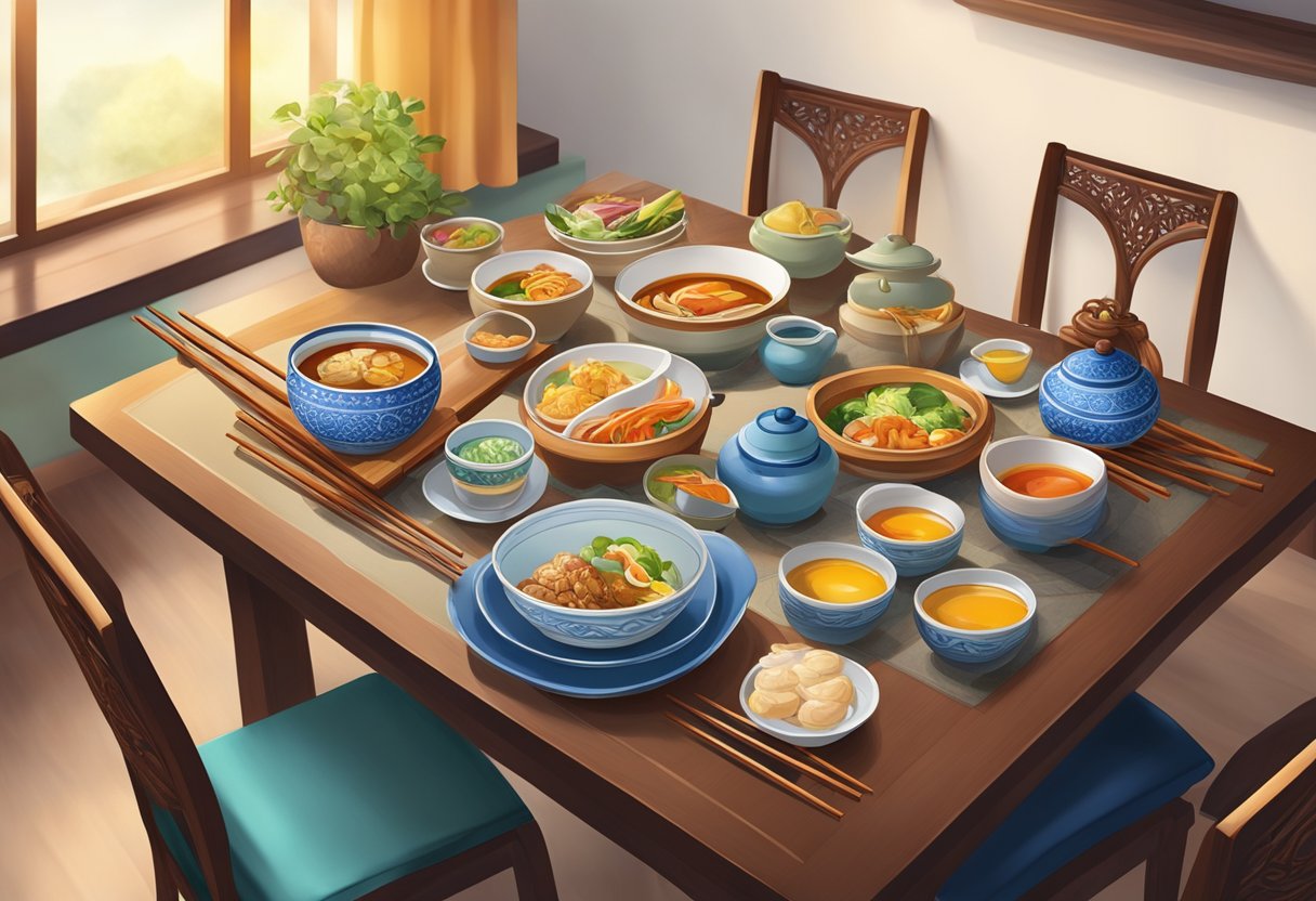 A table set with colorful dishes and chopsticks at Pu Tien Singapore, with traditional decor and warm lighting creating a cozy dining atmosphere