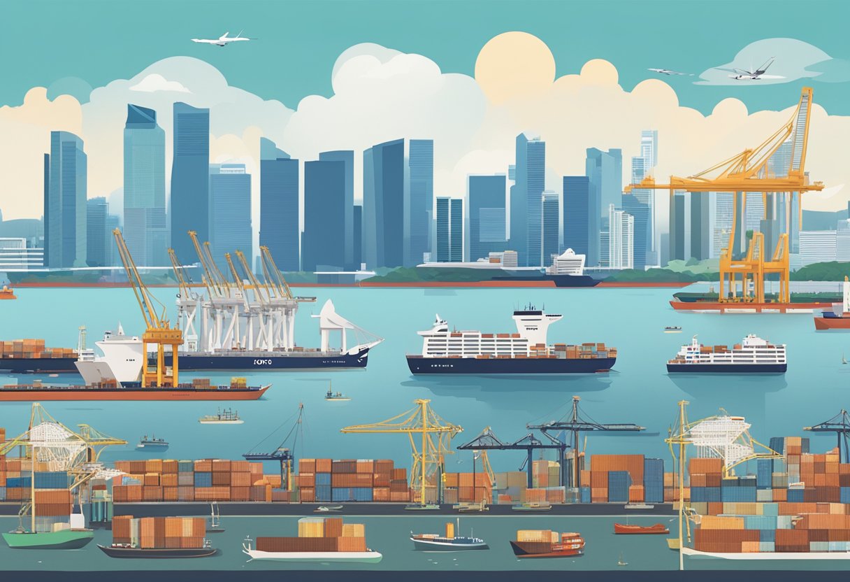 The bustling port of Singapore, with towering cranes and cargo ships lining the docks, surrounded by a city skyline and the iconic Marina Bay Sands hotel in the distance