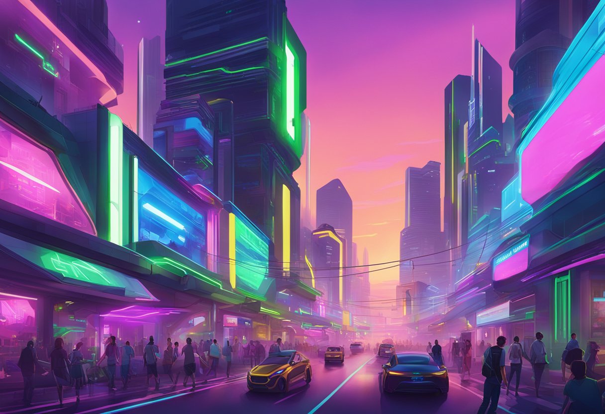 A bustling street in Razer Singapore, with vibrant neon lights and futuristic architecture