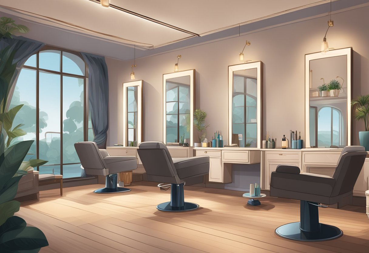 A serene salon with soft lighting and comfortable seating. A skilled technician delicately threads a client's eyebrows with precision