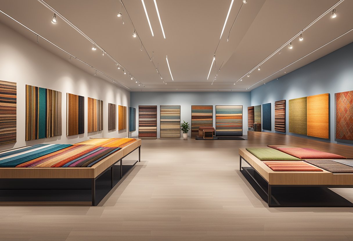 A colorful array of rugs in various sizes and patterns, displayed in a well-lit showroom in Singapore