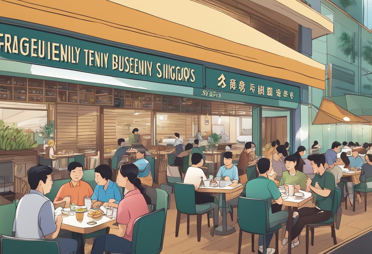 A bustling restaurant with a sign reading "Frequently Asked Questions Pu Tien Singapore" and people dining inside
