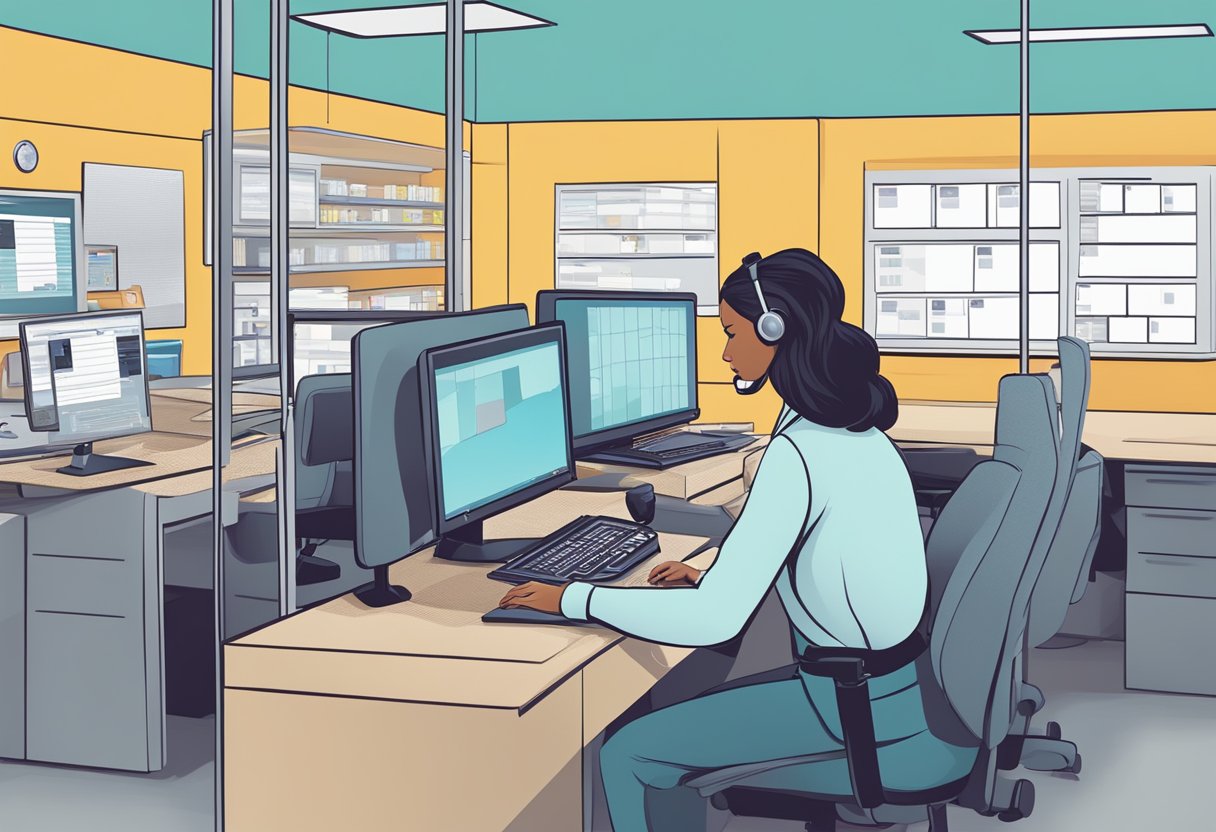 A customer service representative tracks EMS packages on a computer while fielding customer inquiries