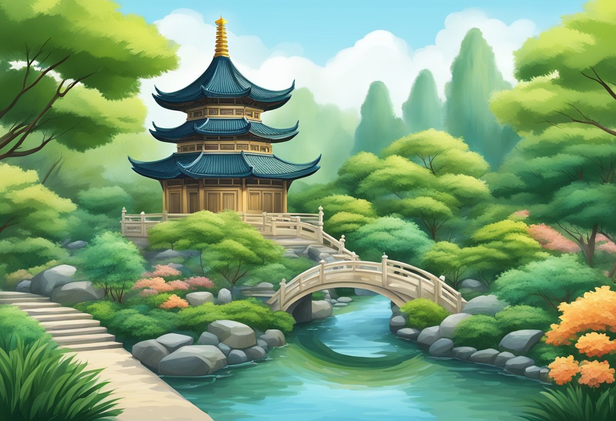 A tranquil garden with flowing water and lush greenery, centered around a traditional Chinese pagoda, exuding harmony and balance