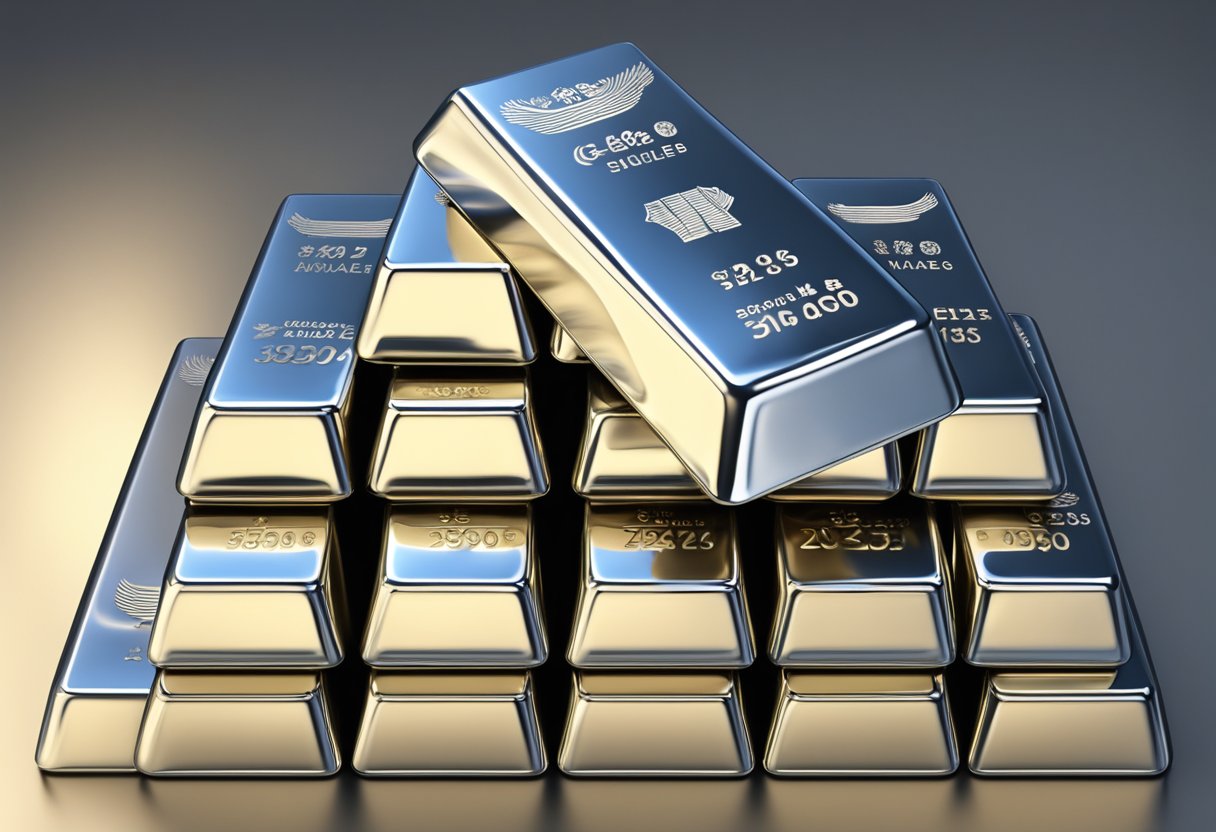 A stack of gleaming silver bullion bars sits on a polished surface in Singapore. The bars reflect the light, creating a dazzling display of wealth and value