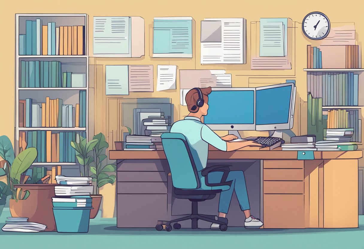 A customer service representative answers questions at a desk with a computer and phone, surrounded by a stack of frequently asked questions documents