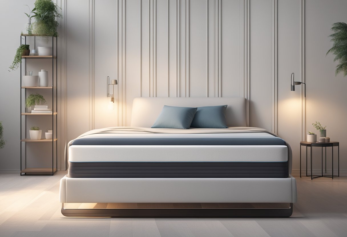 A foldable mattress unfolds on a sleek, modern bed frame in a minimalist bedroom with soft lighting