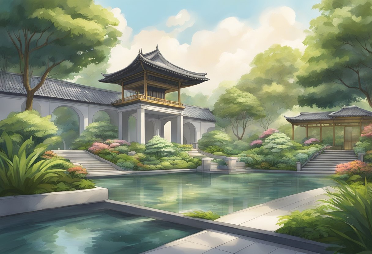 A serene garden with carefully placed elements, a flowing water feature, and balanced architecture in Singapore