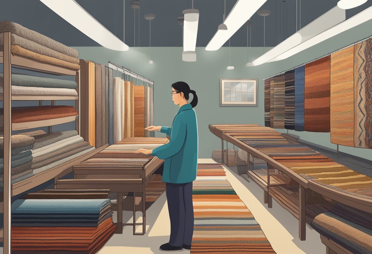 A person examining various rug types in a Singaporean rug shop