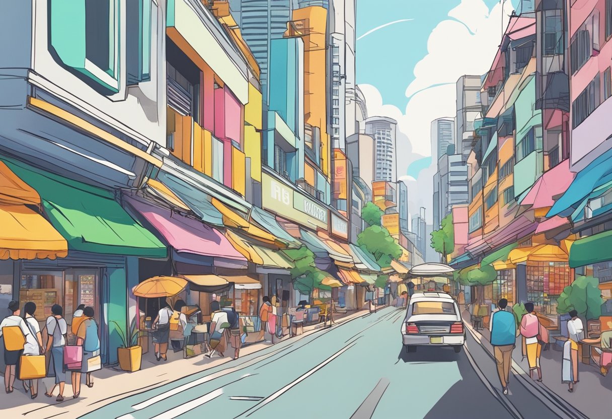 A bustling street in Singapore, with colorful storefronts advertising threading services. A sign reads "Best Threading Salons" in bold letters
