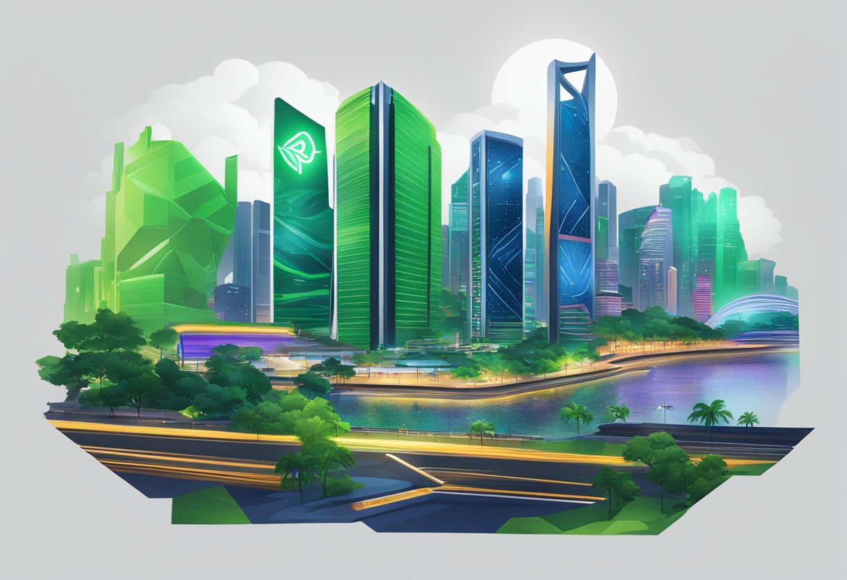 Razer's logo illuminates the skyline of Singapore, towering over the city's bustling streets and futuristic architecture