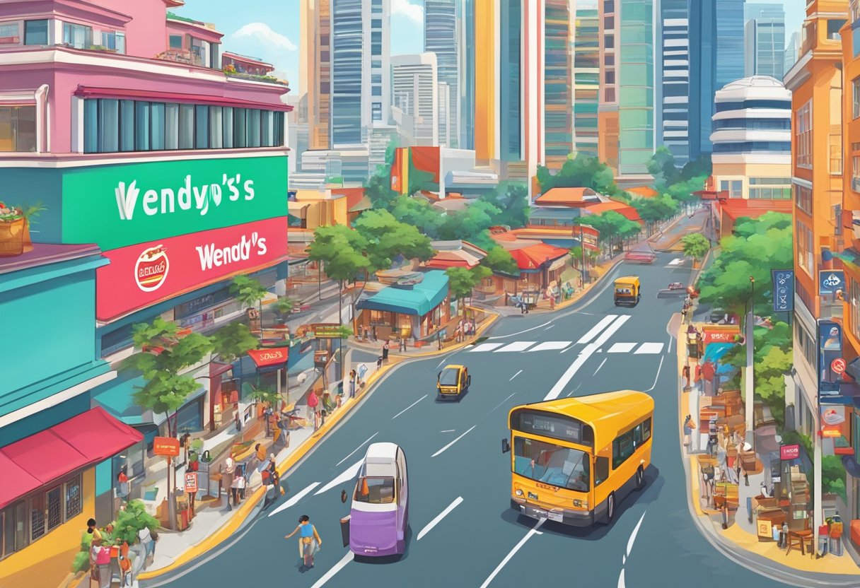 A bustling street in Singapore with a prominent Wendy's sign, surrounded by colorful buildings and lively activity