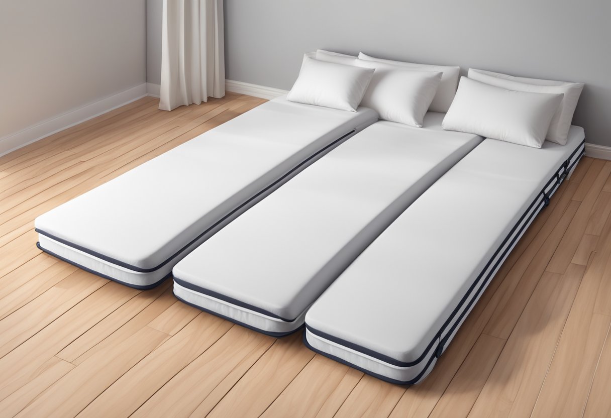 A foldable mattress lies flat on a wooden floor, with crisp white sheets neatly tucked in. The mattress is compact and easily folded for storage