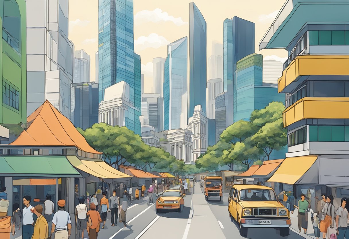 A bustling street in Singapore, with colonial buildings juxtaposed against modern skyscrapers. A mix of cultures evident in the diverse architecture and people