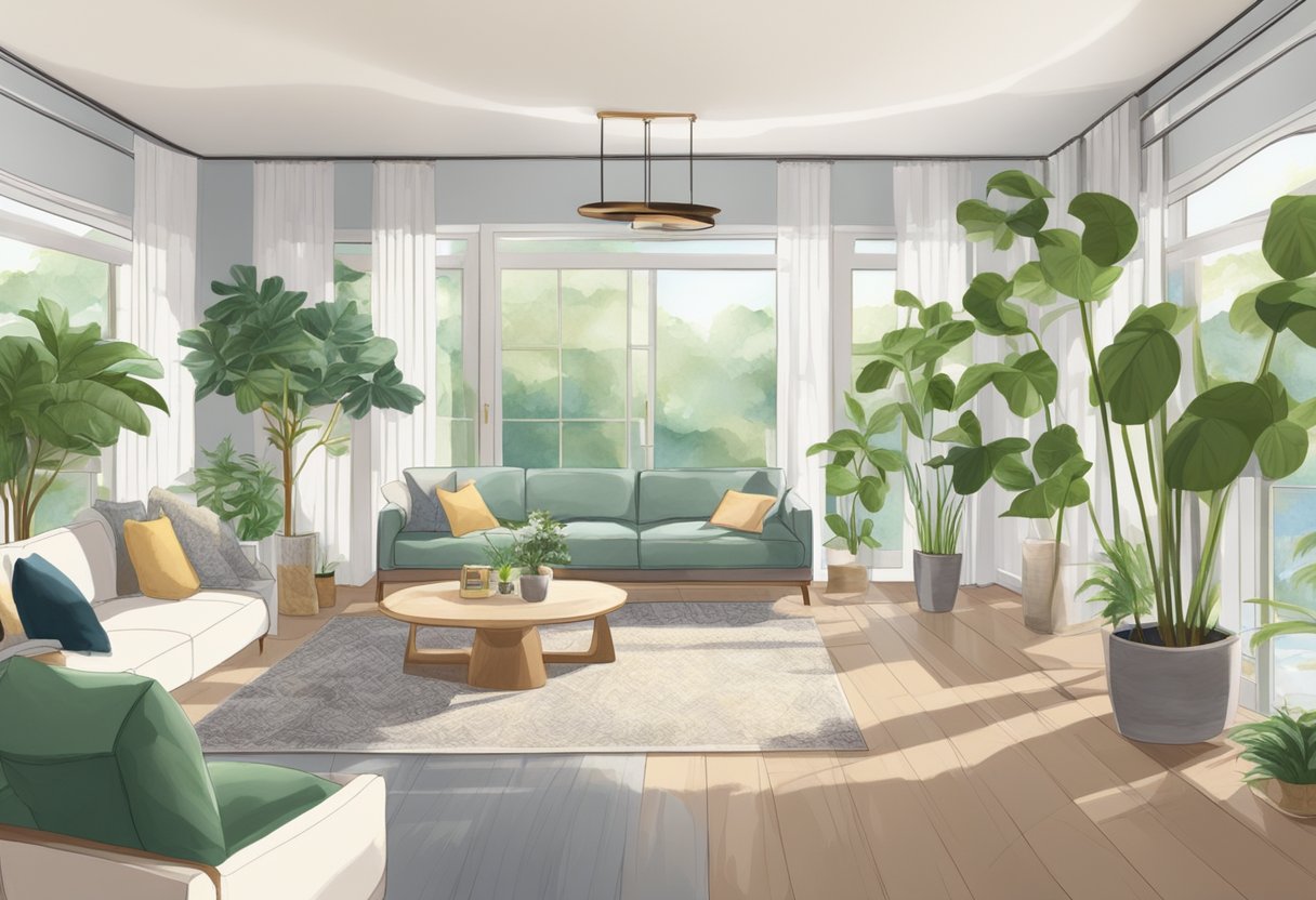 A serene living room with balanced furniture placement, natural light, and green plants. A flowing water feature brings positive energy, and soft colors promote harmony