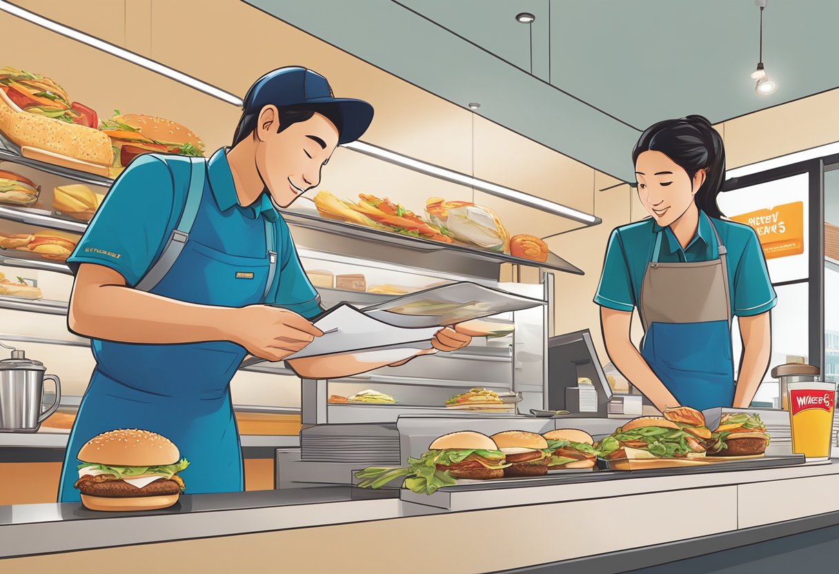 A neatly arranged menu with a sleek design, alongside a friendly and attentive staff member providing top-notch service at Wendy's Singapore