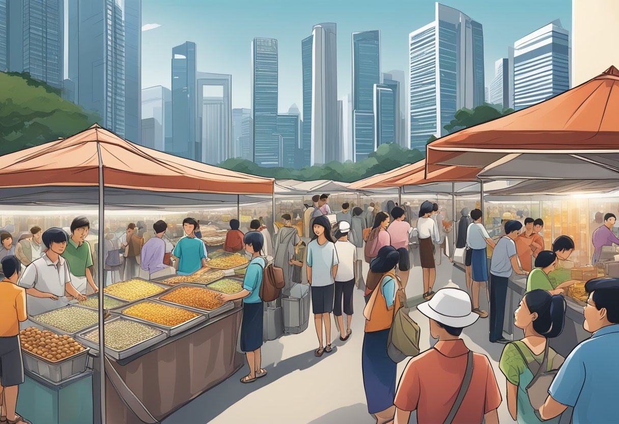 A bustling Singapore market with gleaming silver bullion on display, surrounded by eager buyers and sellers. The iconic skyline looms in the background, showcasing the city's financial prowess