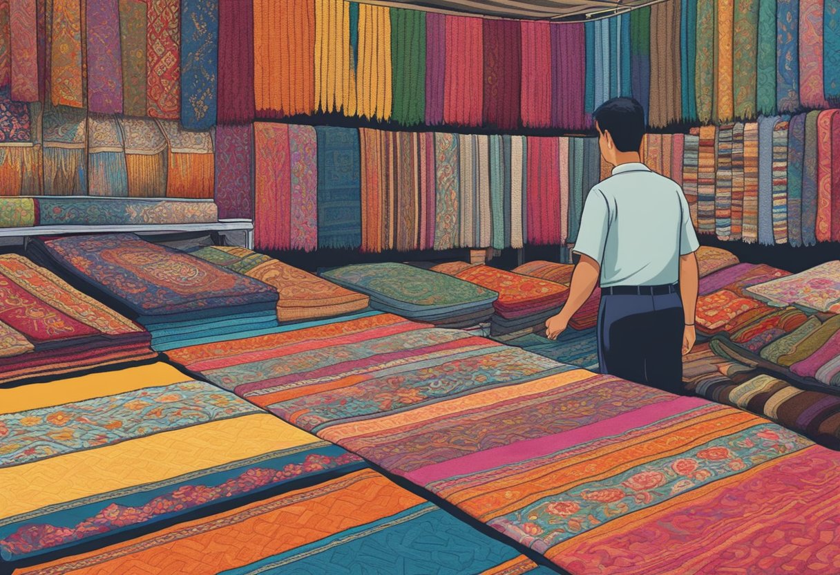 A customer browses through colorful rugs in a bustling Singapore market