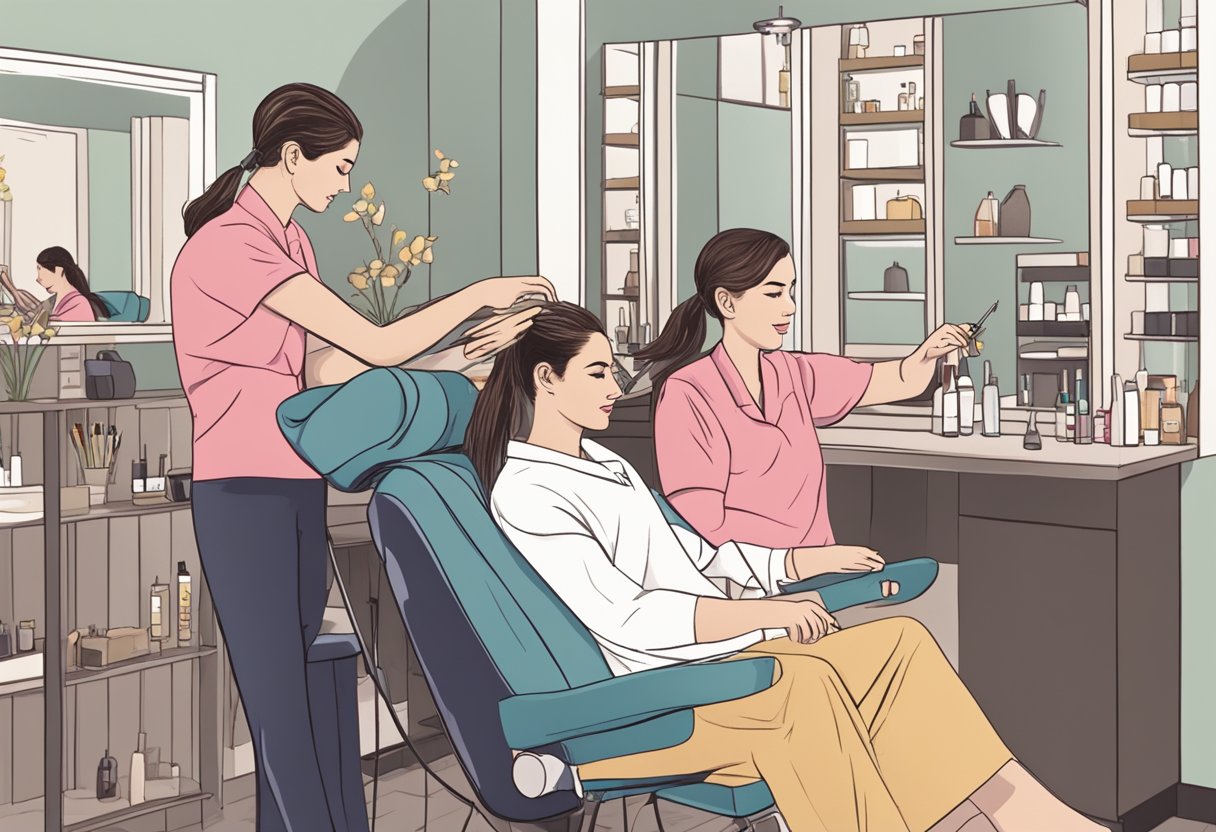 A customer sitting in a salon chair, while a technician uses a thread to shape their eyebrows