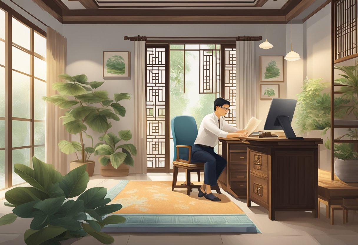 A feng shui master in Singapore answering questions in a serene, well-lit office with traditional Chinese decor and calming elements