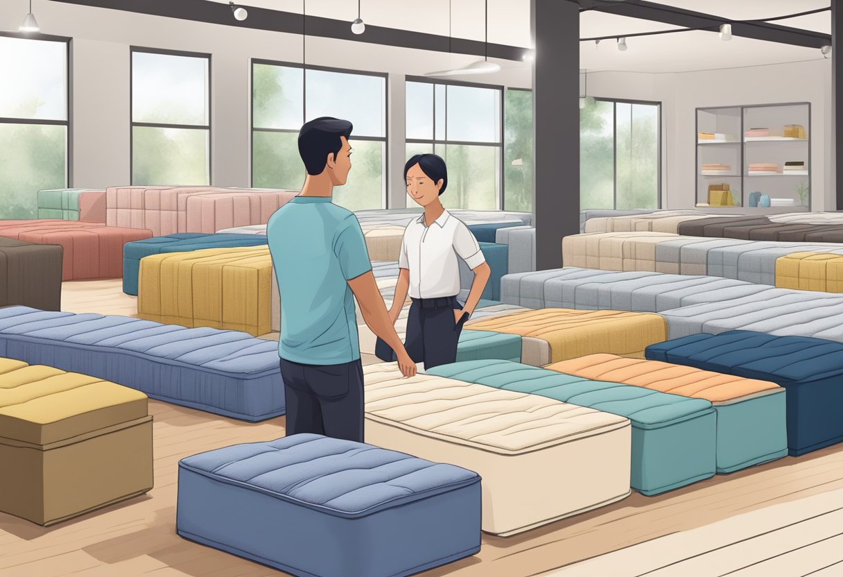 A customer browsing through different foldable mattress options in a Singaporean furniture store