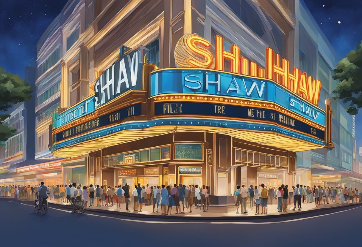 The iconic Shaw movie theater in Singapore, with its grand marquee and bustling crowd outside, captures the vibrant energy of the city's film scene