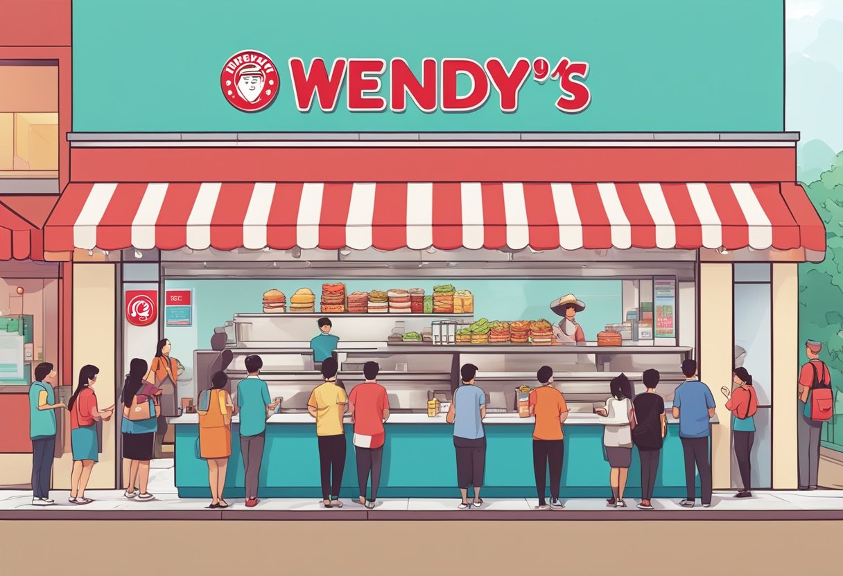 A bustling Wendy's restaurant in Singapore with customers lining up at the counter, colorful menu boards, and staff members busy serving food