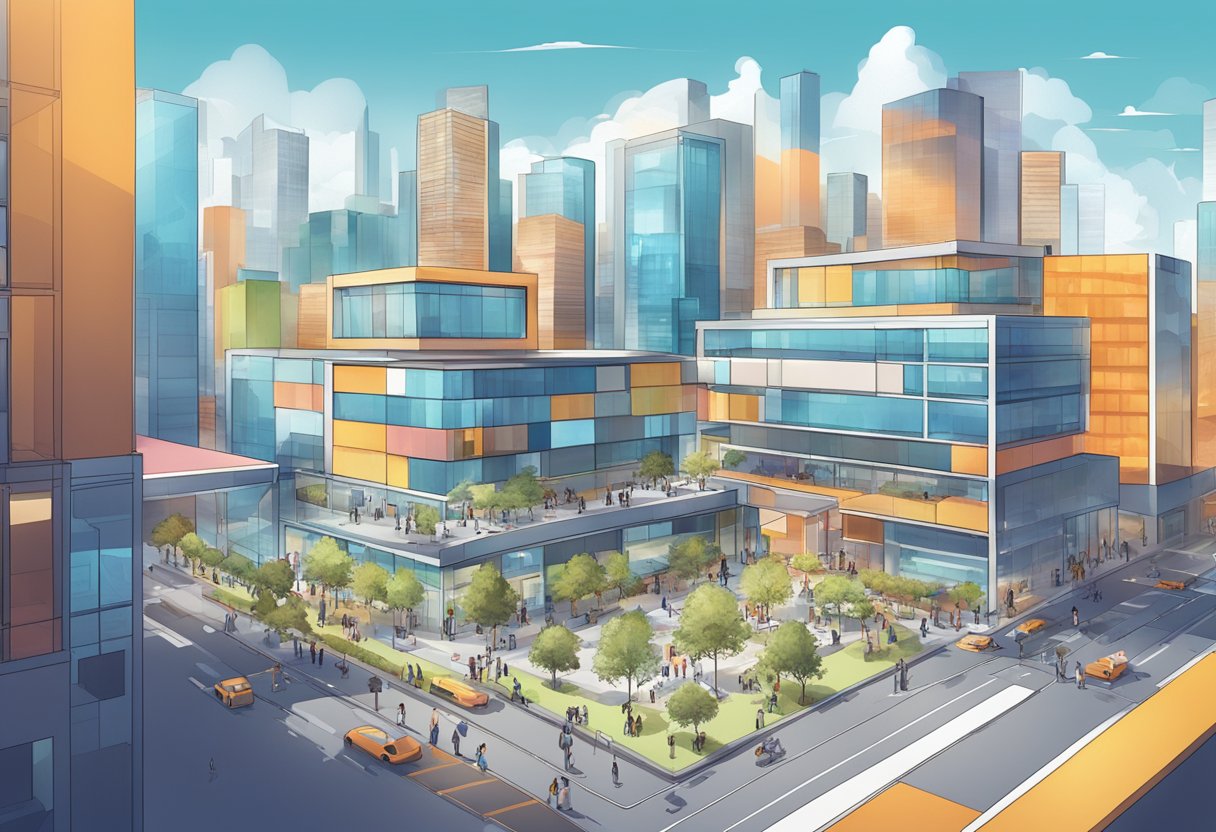 A bustling tech hub with diverse individuals collaborating on cutting-edge projects in a modern urban setting