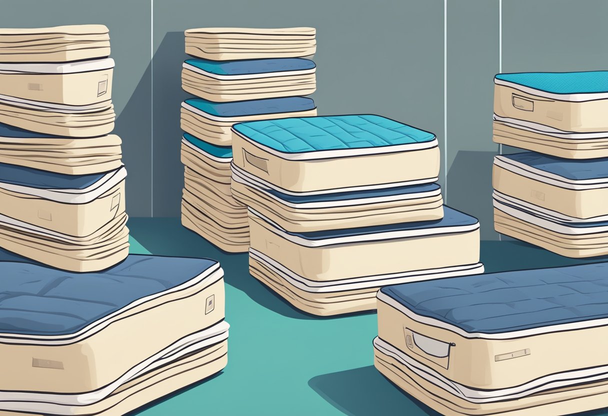 A stack of foldable mattresses with a "Frequently Asked Questions" sign in a Singaporean setting