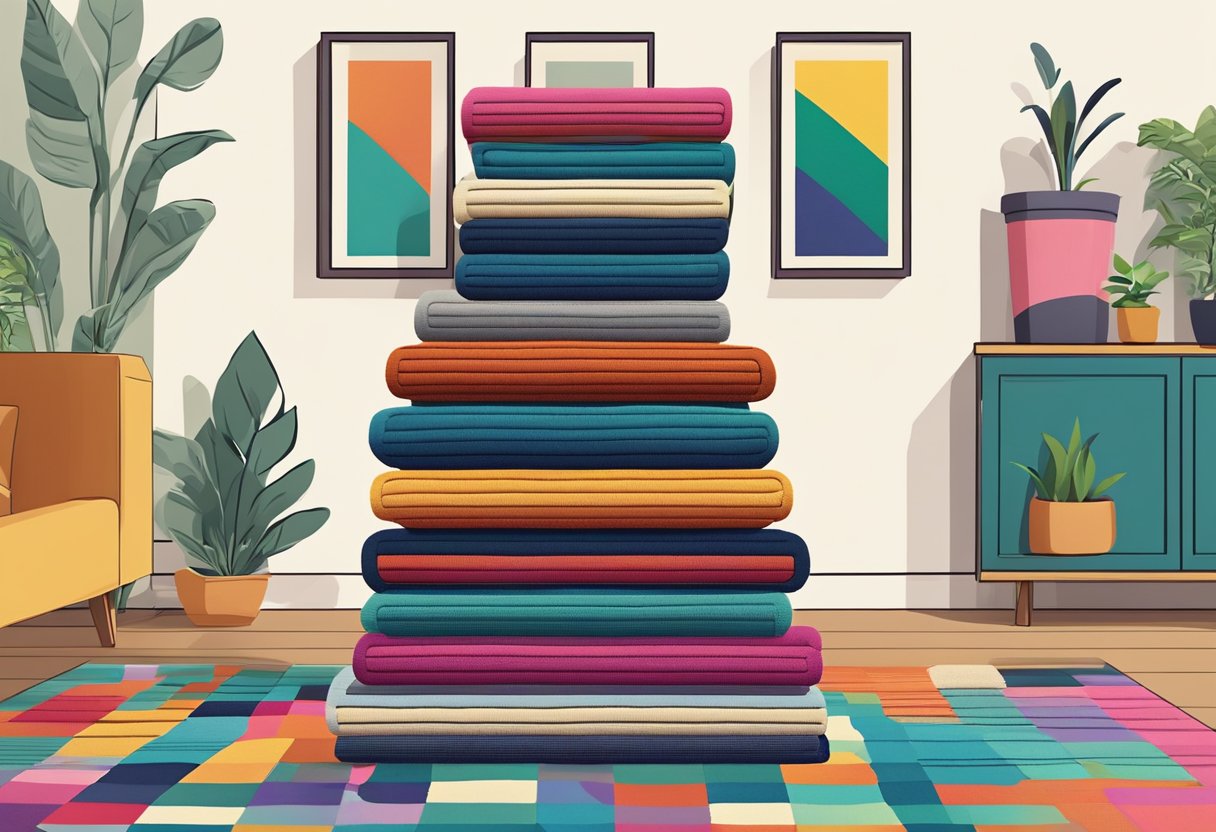 A stack of colorful rugs with "Frequently Asked Questions" text displayed in a modern Singapore setting