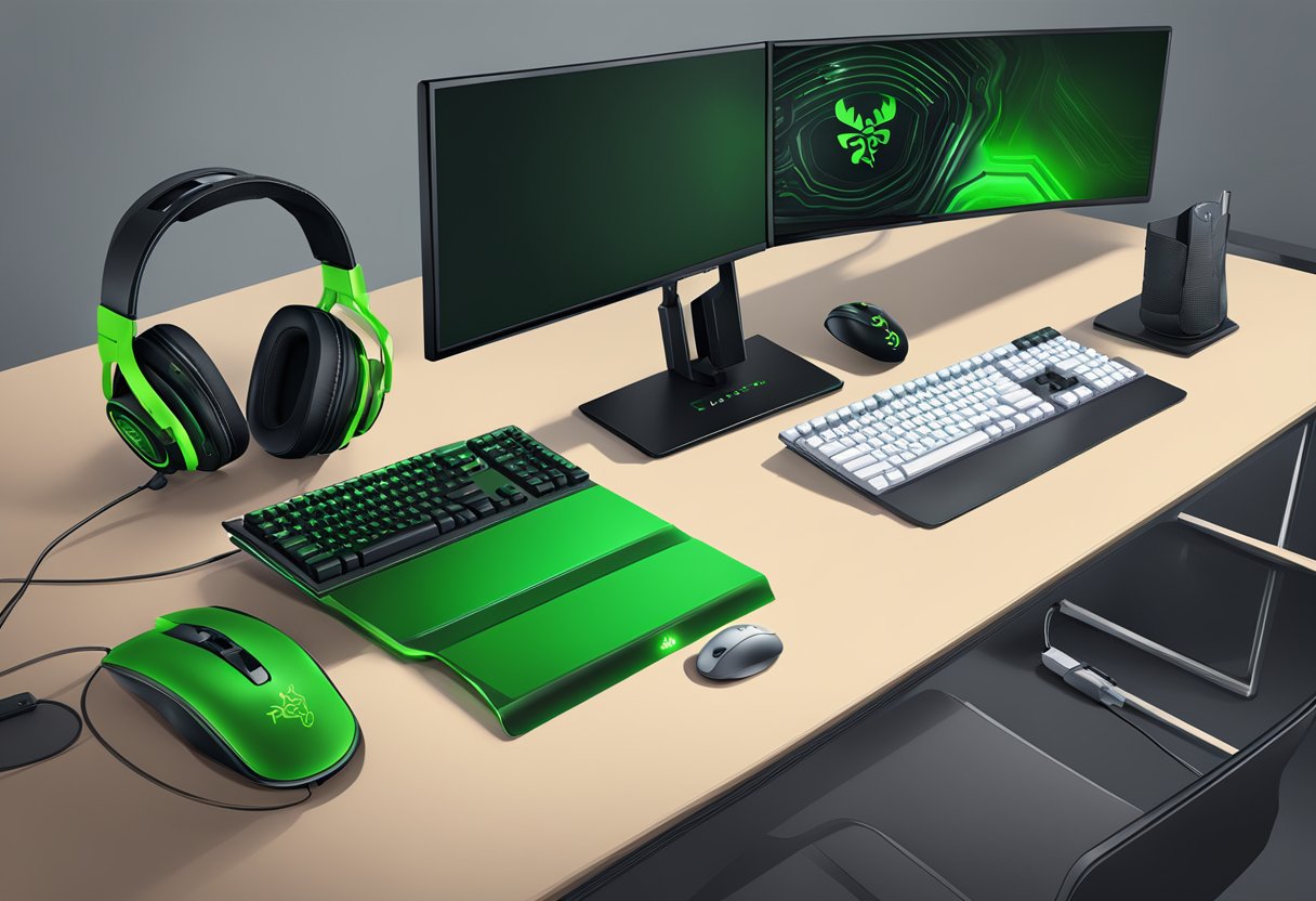 A computer desk with a Razer keyboard, mouse, and headset. A Razer logo prominently displayed