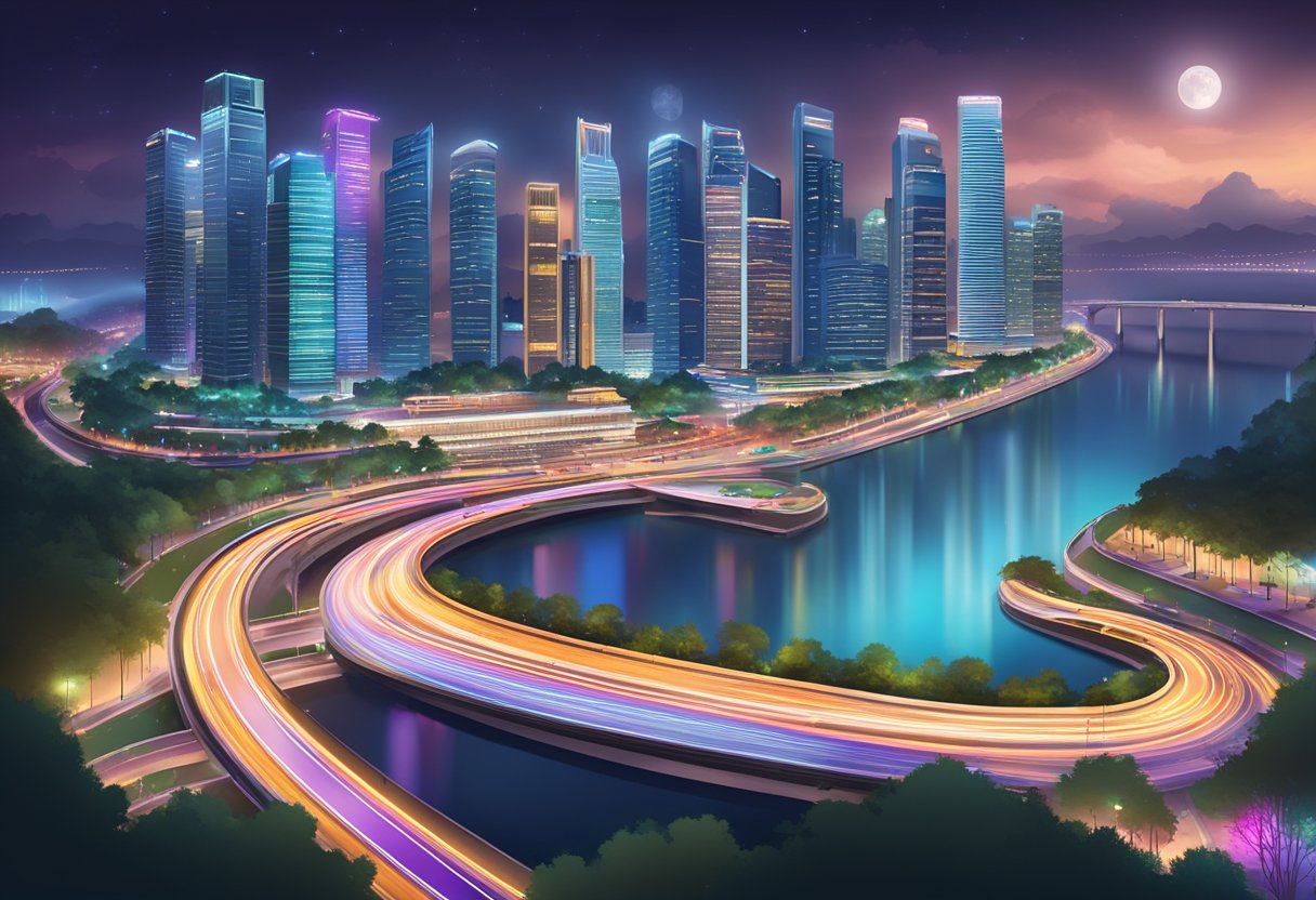 The Singapore F1 track winds through the city, surrounded by skyscrapers and lit up by colorful lights at night
