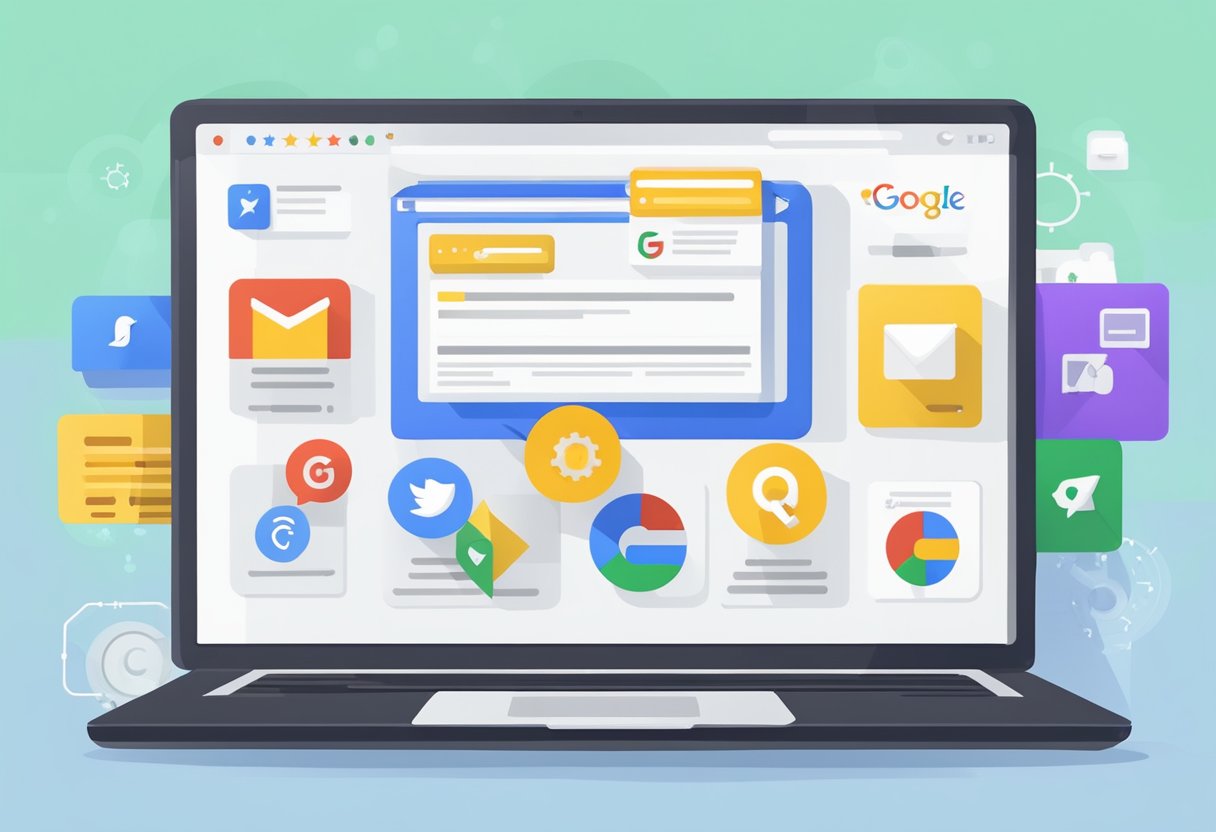 A laptop displaying a Google review page, surrounded by icons of various digital marketing platforms