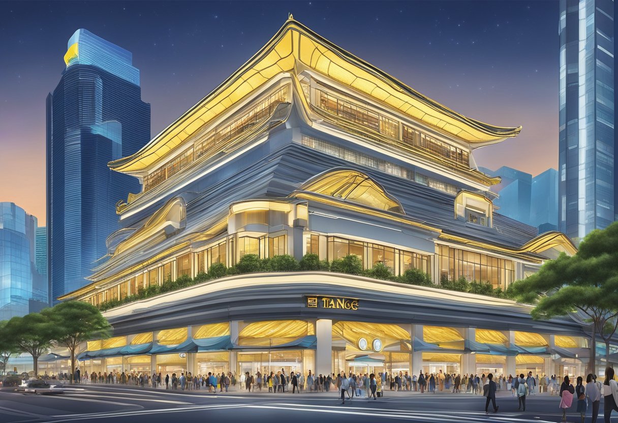 Bright lights illuminate the iconic Tangs building at Tang Plaza, with bustling crowds and luxury shops lining the streets