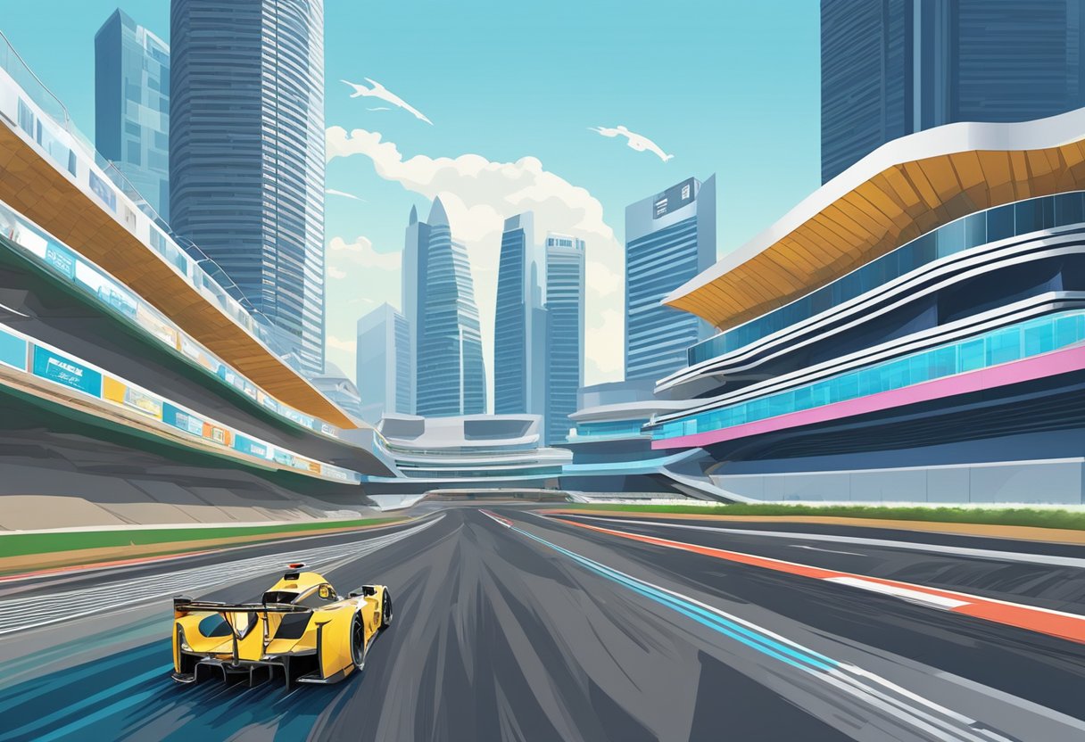 The Marina Bay Street Circuit in Singapore is lined with grandstands and surrounded by modern skyscrapers, with the track winding through the cityscape and reflecting off the shimmering waters of the bay