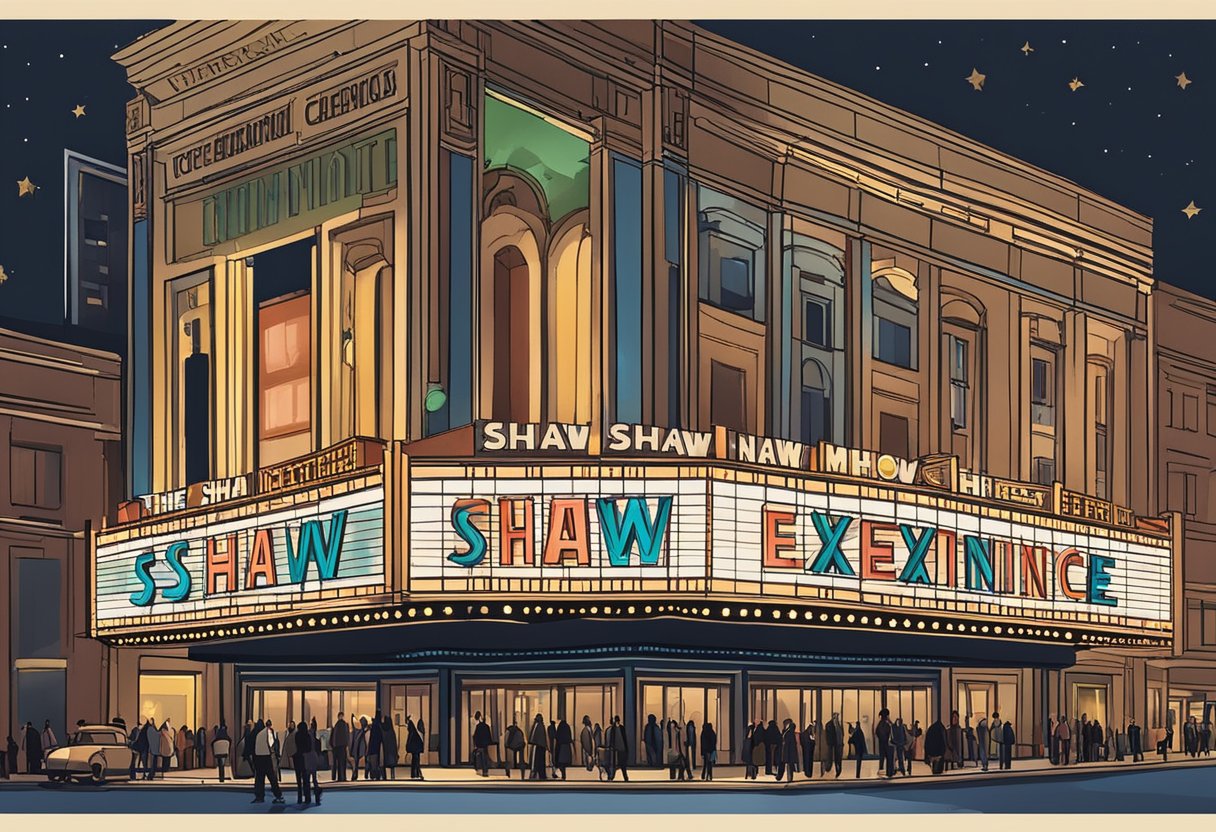 A movie theater marquee shines brightly at night, displaying "The Shaw Cinematic Experience" in bold letters. The surrounding area is bustling with people, and the atmosphere is filled with excitement