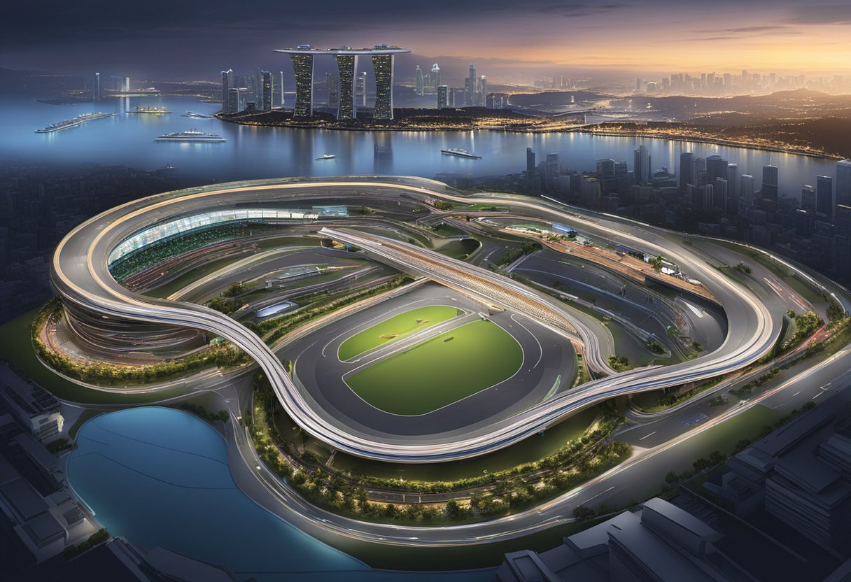 The Singapore F1 track features sharp turns, long straights, and challenging elevation changes. The track is lined with high-tech lighting and surrounded by the city skyline
