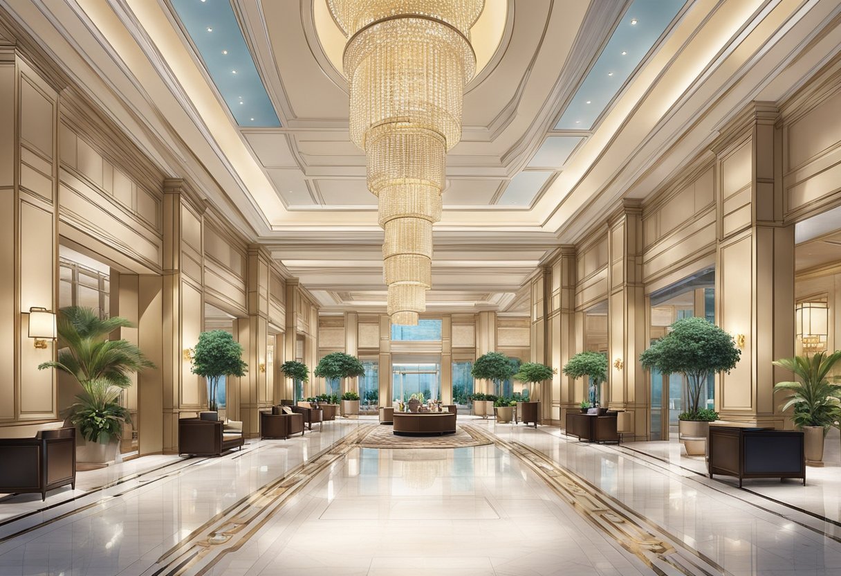 The grand lobby of The Ritz-Carlton Millenia Singapore, with opulent chandeliers, marble floors, and luxurious furnishings. A concierge desk and comfortable seating areas invite guests to relax and indulge in the elegant surroundings