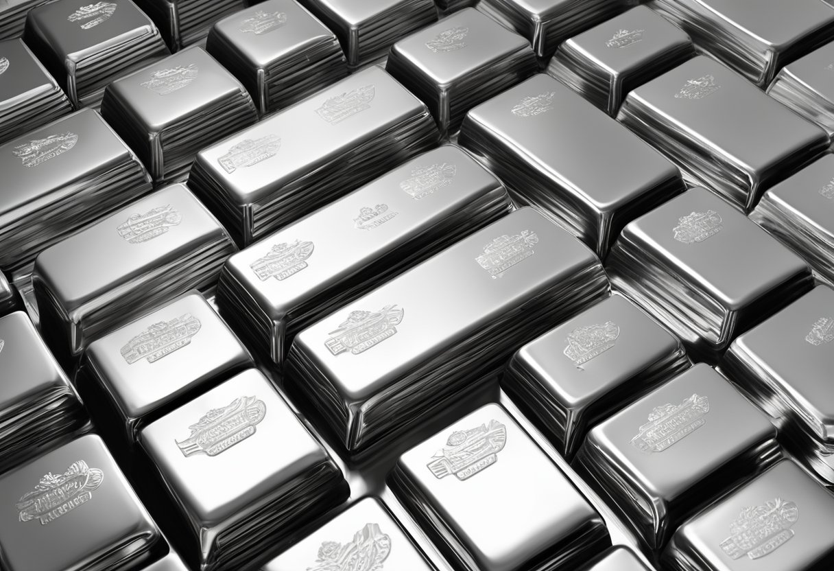 A stack of silver bullion bars displayed on a sleek, modern counter in a Singaporean bullion shop