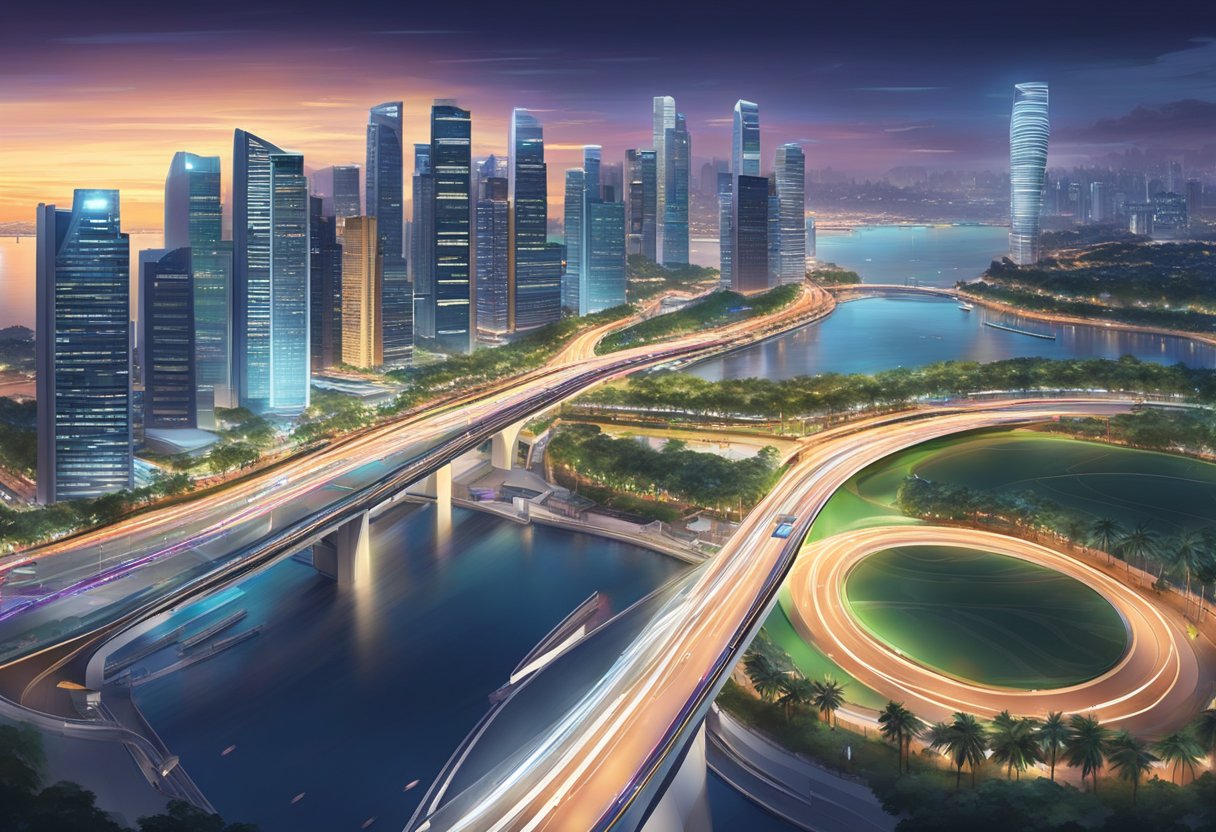 The Singapore F1 track winds through the city, surrounded by modern skyscrapers and vibrant city lights, creating a stunning urban racing spectacle