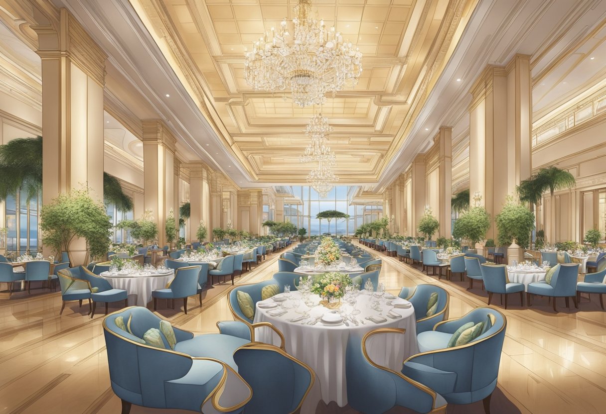 A grand dining hall at The Ritz-Carlton Millenia Singapore, filled with elegant tables, luxurious decor, and exquisite cuisine being served