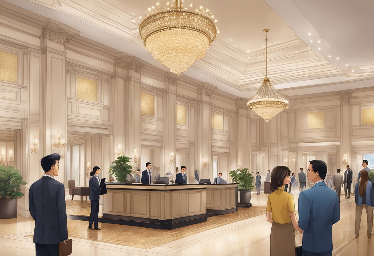 The lobby of the Ritz Carlton Millenia Singapore is filled with guests checking in, a concierge assisting a couple, and a grand chandelier hanging from the ceiling