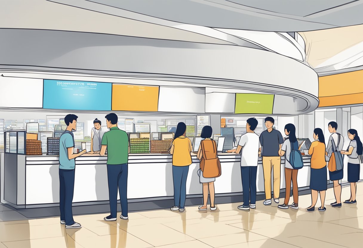 People lining up at the information counter, browsing brochures, and interacting with staff at the Frequently Asked Questions section in Tang Plaza, Singapore