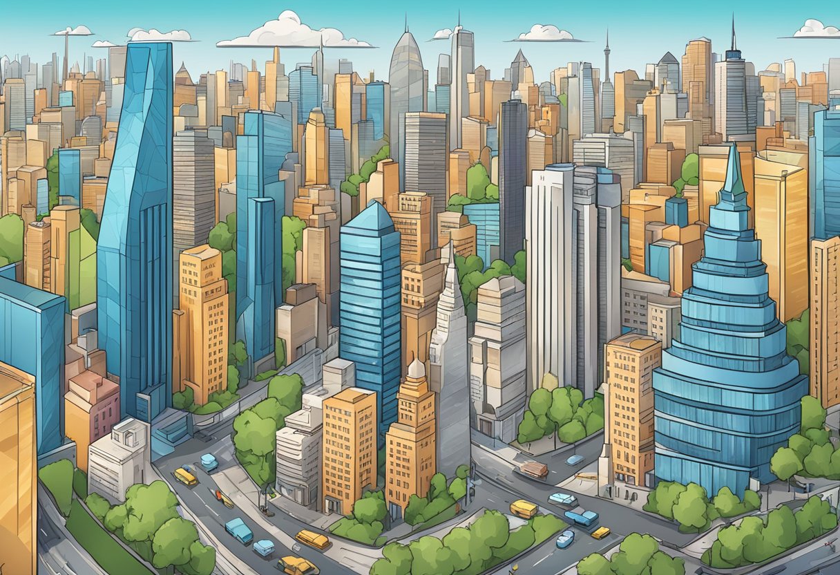 A bustling city skyline with iconic landmarks and bustling streets