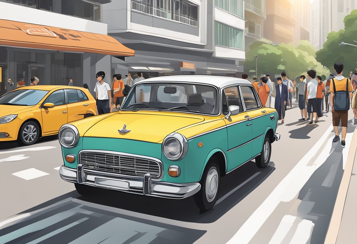A car with a Singapore license plate parked in a busy street, surrounded by pedestrians and other vehicles