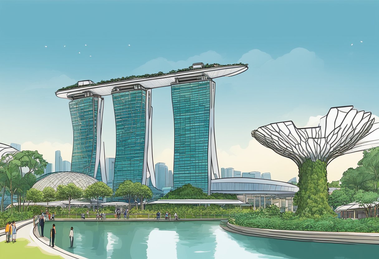 A panoramic view of the iconic Marina Bay Sands, the futuristic Supertree Grove at Gardens by the Bay, and the majestic Merlion statue at Marina Bay waterfront