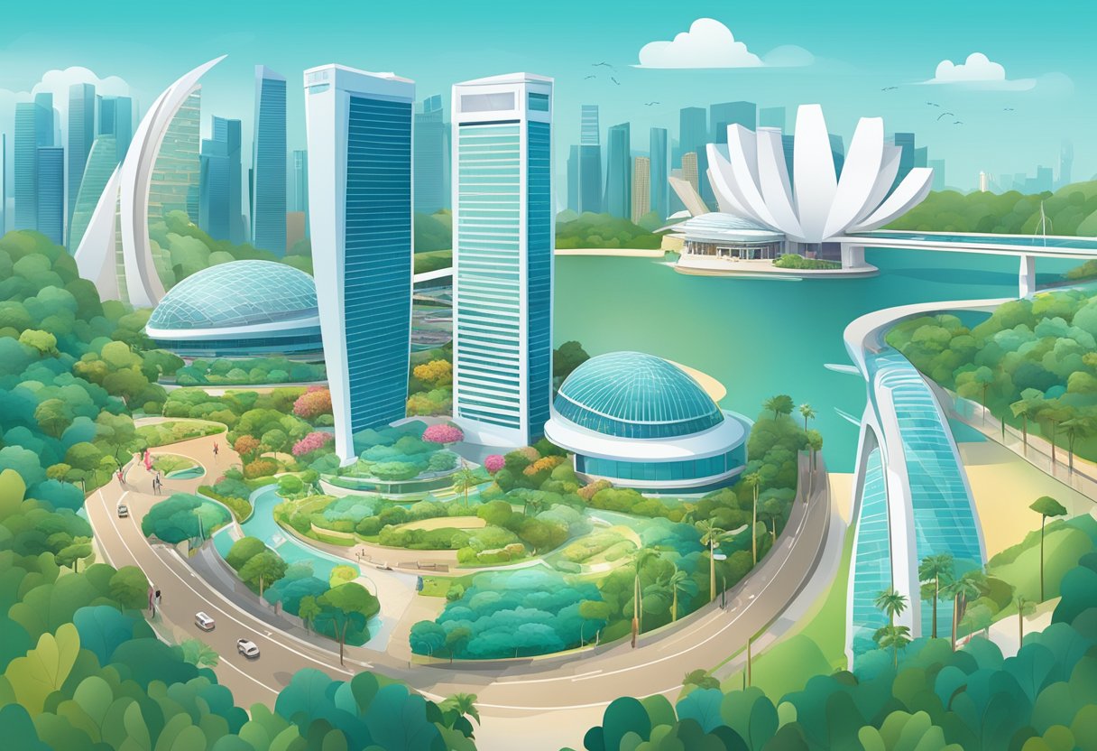 A bustling cityscape with iconic landmarks like the Marina Bay Sands, Gardens by the Bay, and the futuristic skyline of Singapore